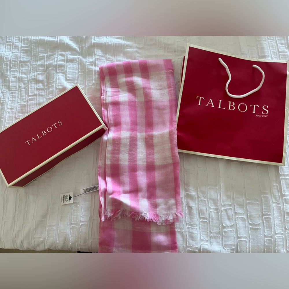 TALBOTS Oblong 100% Linen Pink/White Wrap/Scarf with Fringe